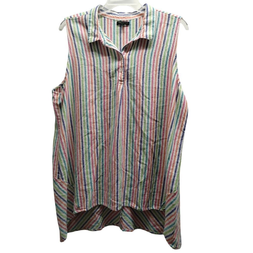 For Cynthia Size 3X Multicolor Rainbow Striped Sleeveless Linen Blend Tunic Top